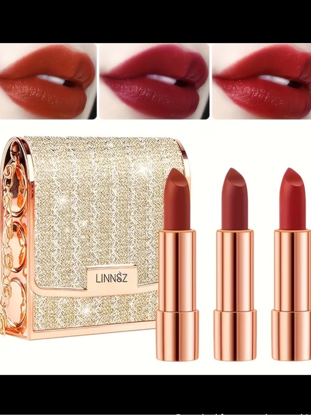 Linnsz Women’s Lipstick Trio w Leather Bag, Red & Coral Shades - Picture 2 of 9